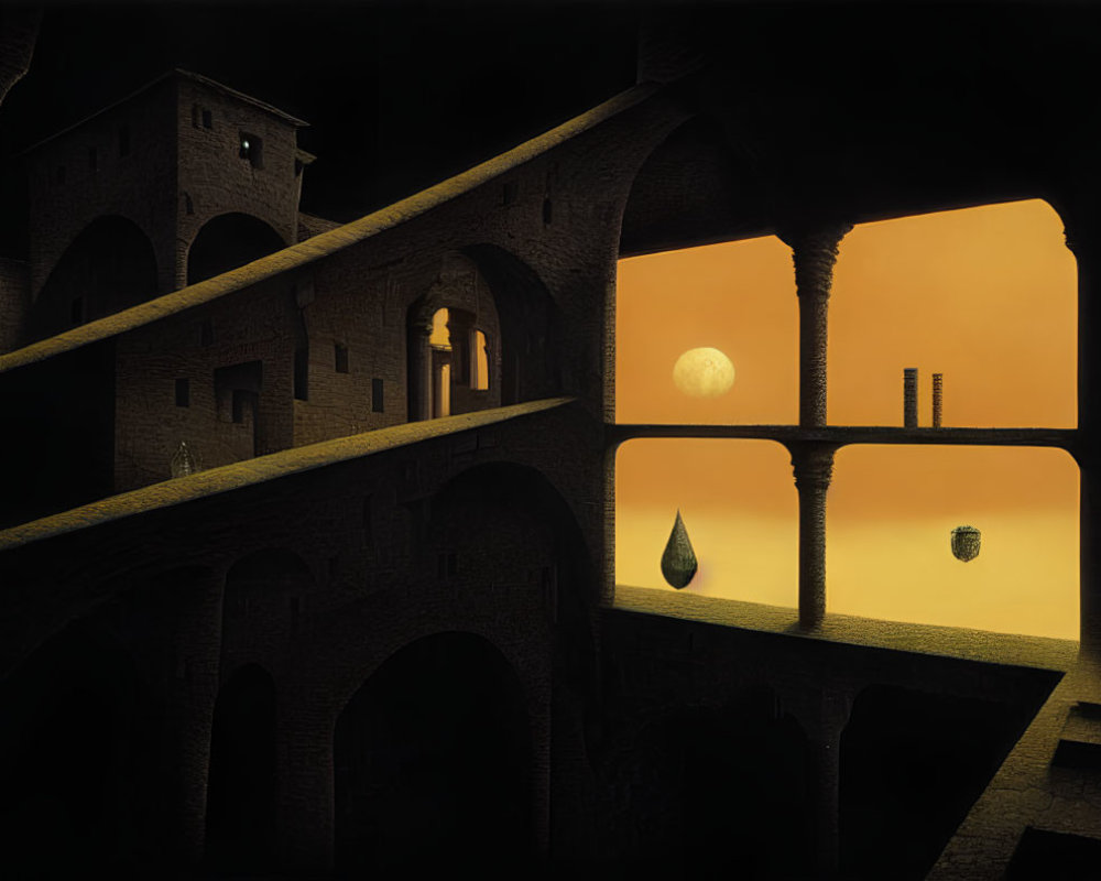 Surreal architectural structures under orange sky with full moon