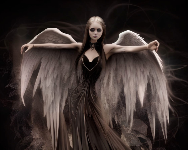 Gothic angel with large feathered wings in misty setting