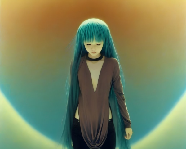 Digital illustration of person with long blue hair and brown top on golden gradient.