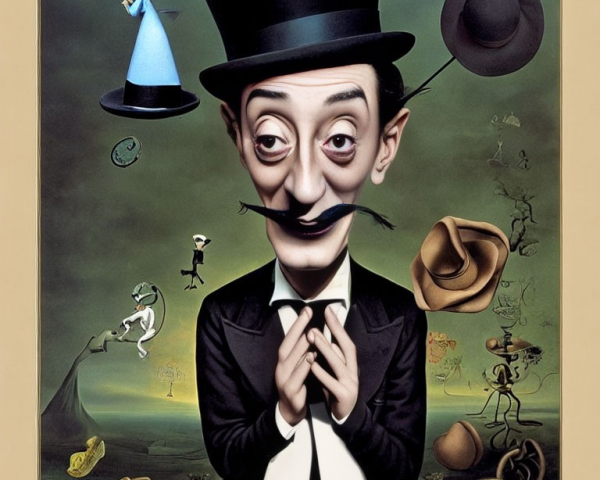 Surreal portrait of man in black tuxedo with oversized features in Dali-esque landscape
