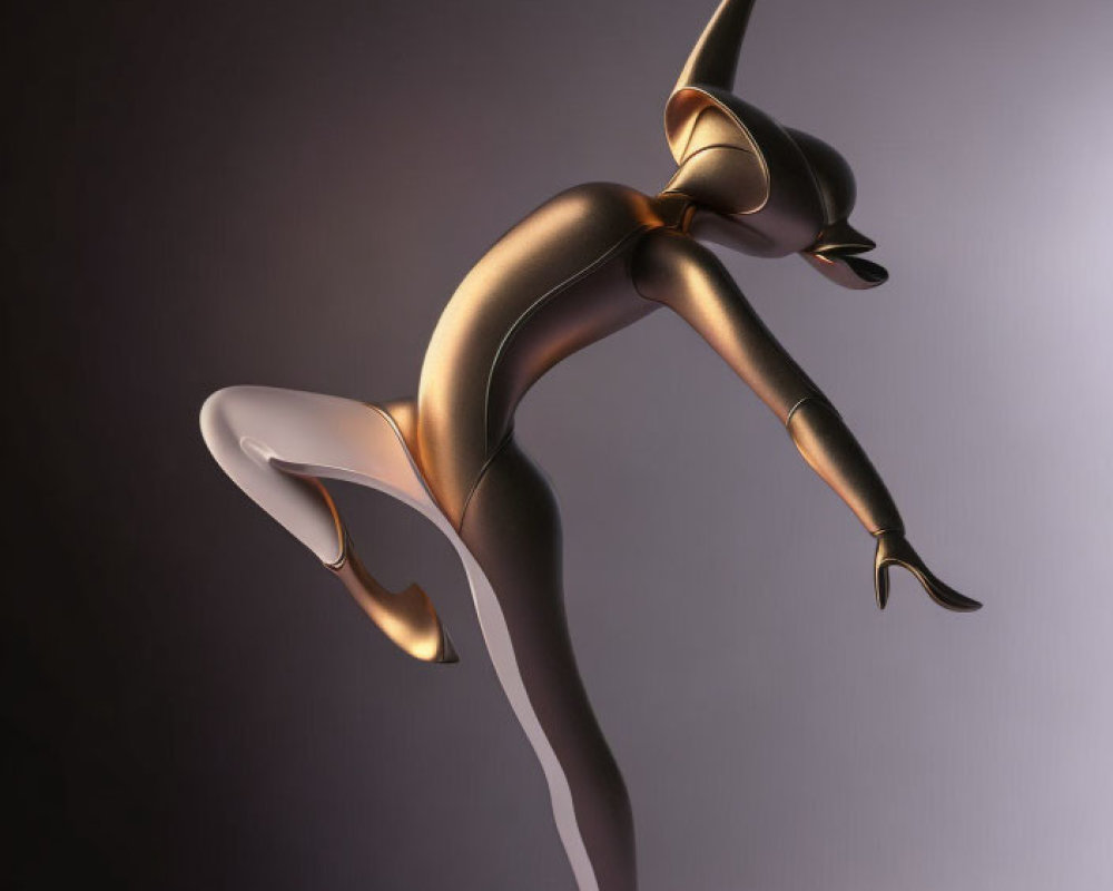 Abstract metallic humanoid figure with elongated limbs in dynamic pose