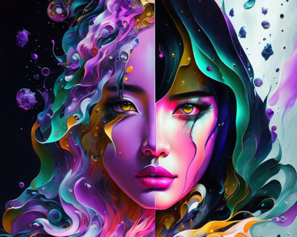 Colorful digital artwork of woman's face merging with cosmic elements