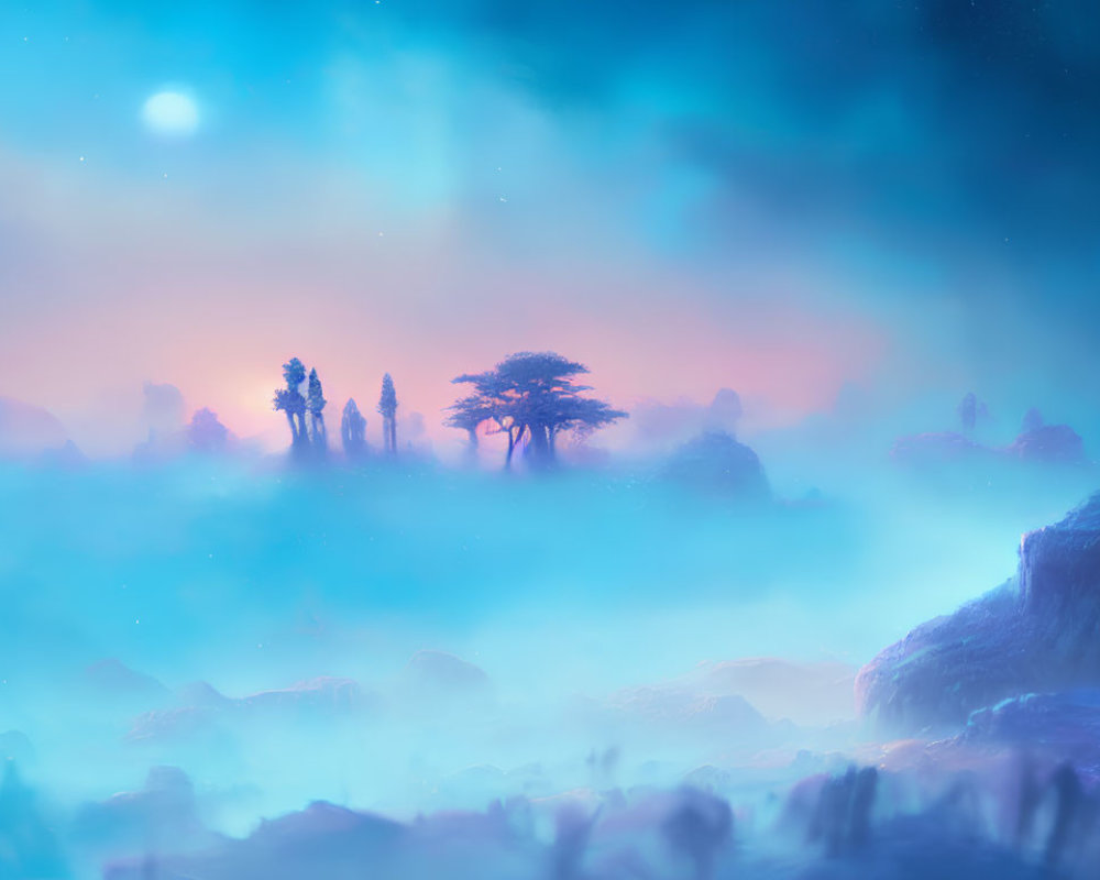 Tranquil landscape with silhouetted trees in mystical fog
