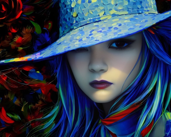 Colorful portrait of woman with blue hair and hat, bold makeup, and floral backdrop