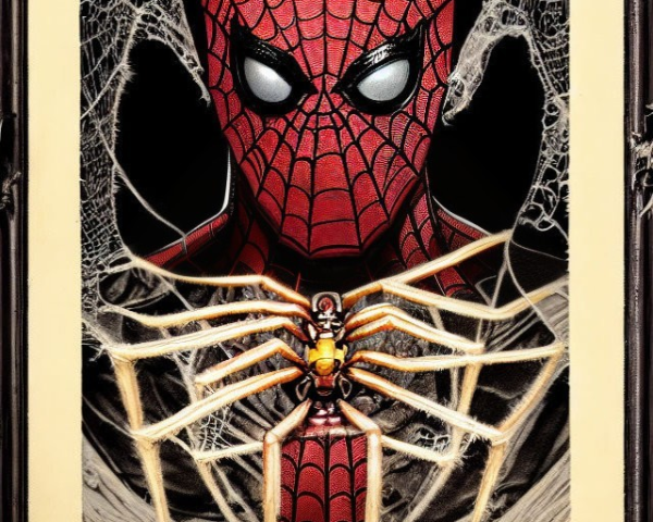 Golden spider illustration on webbed background in gallery frame