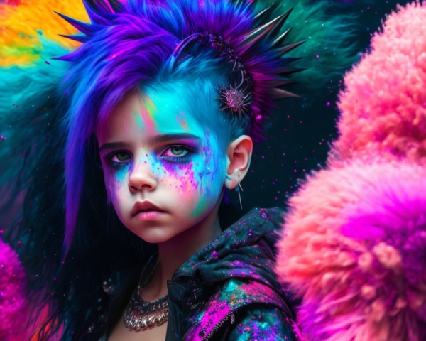 Vibrant child with neon hair and face paint in punk-rock fantasy setting