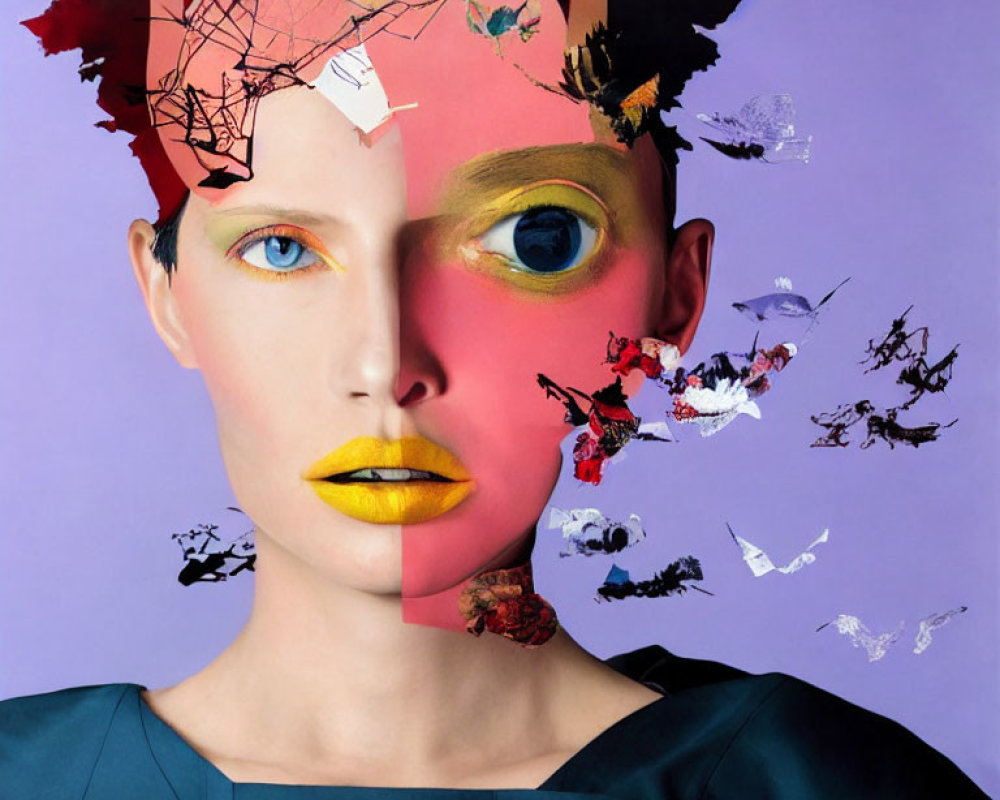 Surrealist collage: Female face, contrasting colors, flowers, fish, abstract shapes