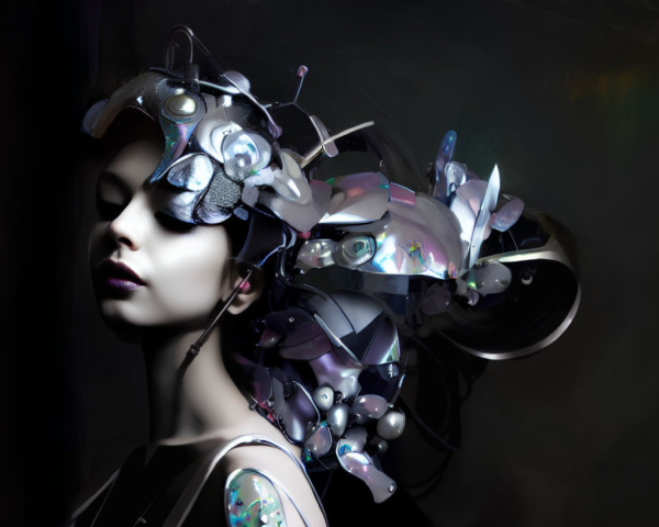 Elaborate Futuristic Headdress with Metallic and Iridescent Elements