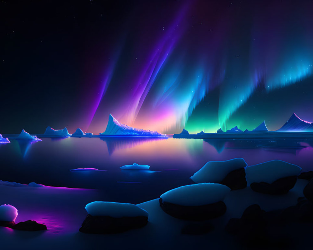 Tranquil night scene with vibrant aurora borealis over icy landscape