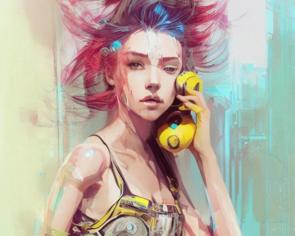 Colorful Cyberpunk Female Artwork with Mechanical Body and Yellow Phone