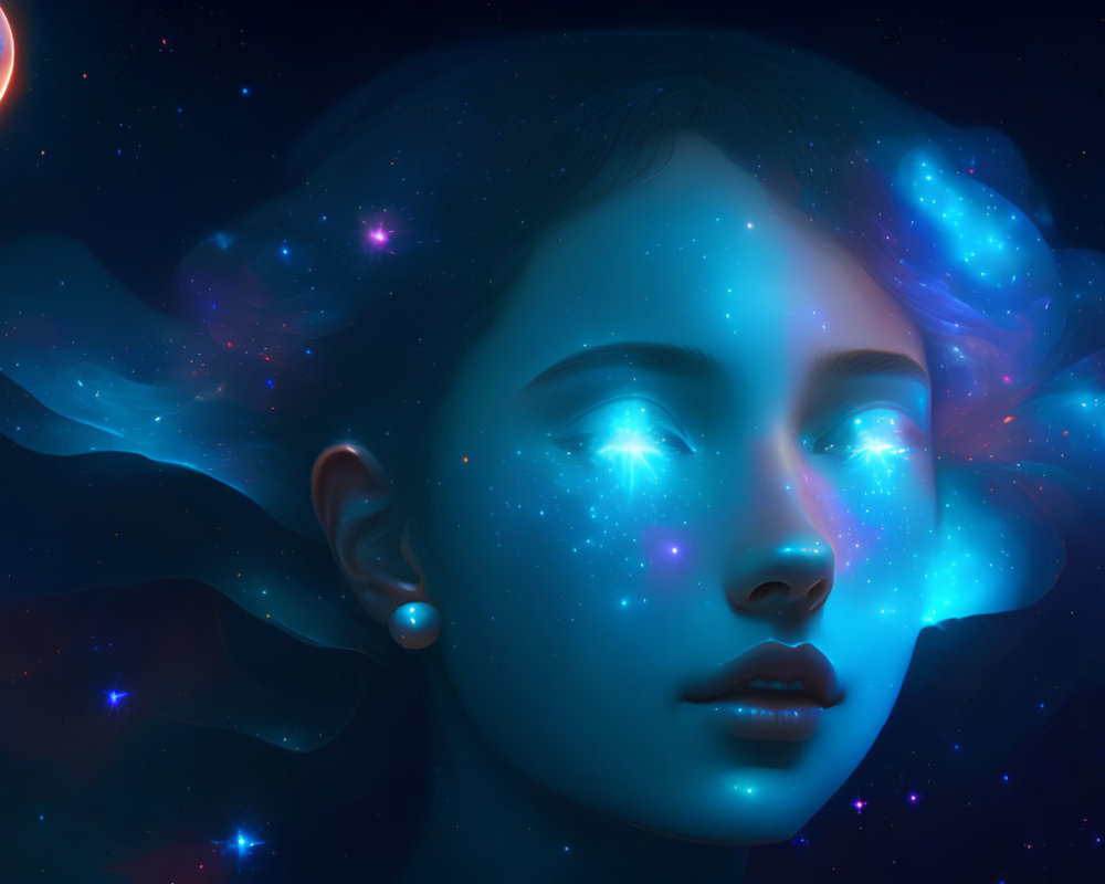 Digital artwork: Woman with glowing eyes and nebula hair in cosmic setting