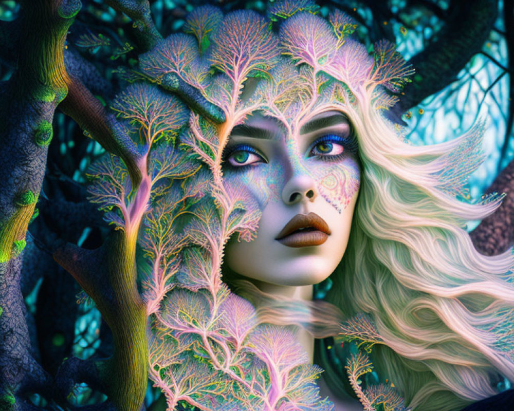 Woman with tree-like features in mysterious forest setting