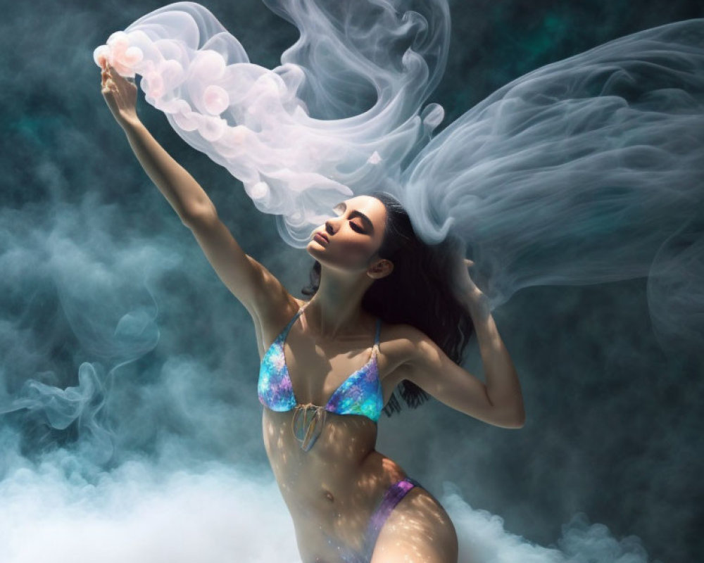 Woman in sparkly bikini underwater surrounded by swirling smoke and bubbles