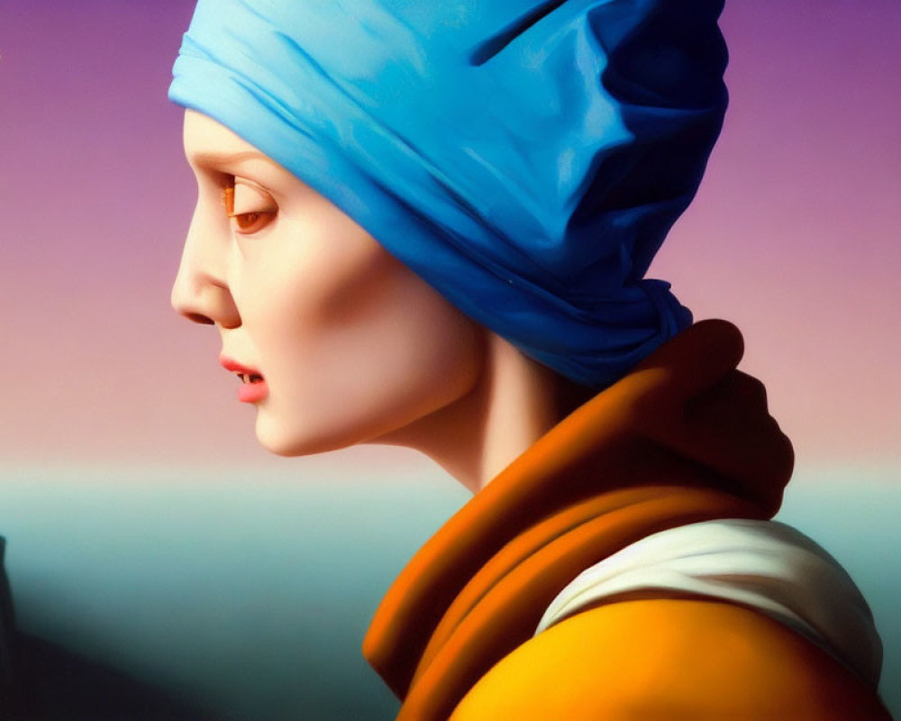 Surreal digital art portrait with blue turban and orange scarf