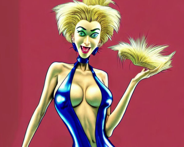 Vibrant illustration of a smiling woman with exaggerated features in shiny blue dress