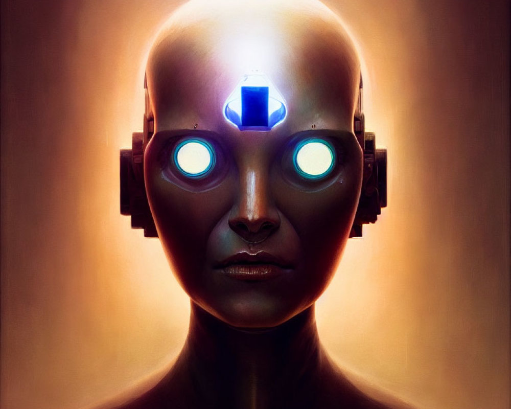 Humanoid robot with glowing blue eyes on warm background