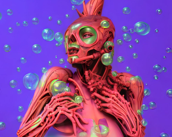 Colorful 3D humanoid figure with skeletal-anatomical design and bubbles on purple background