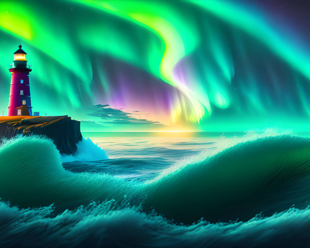 Colorful lighthouse on cliff with crashing waves and northern lights