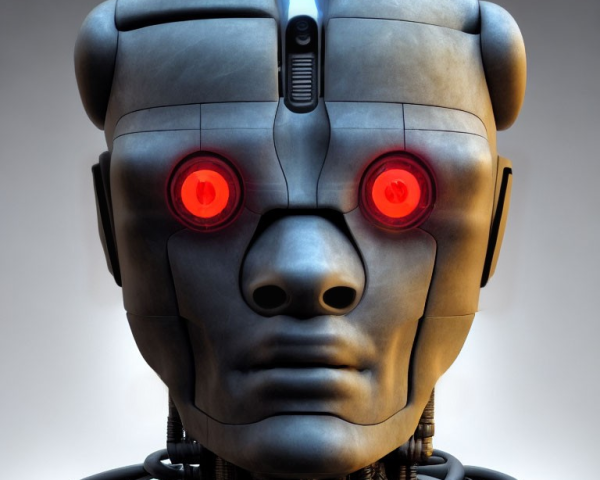 Detailed Robot Head with Red Glowing Eyes and Mechanical Parts on Neutral Background