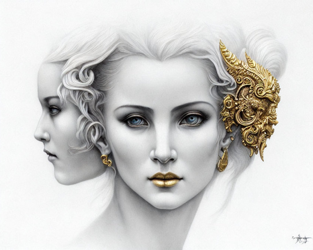 Illustration of woman with dual faces: one with golden lips and earpiece, the other monochrome