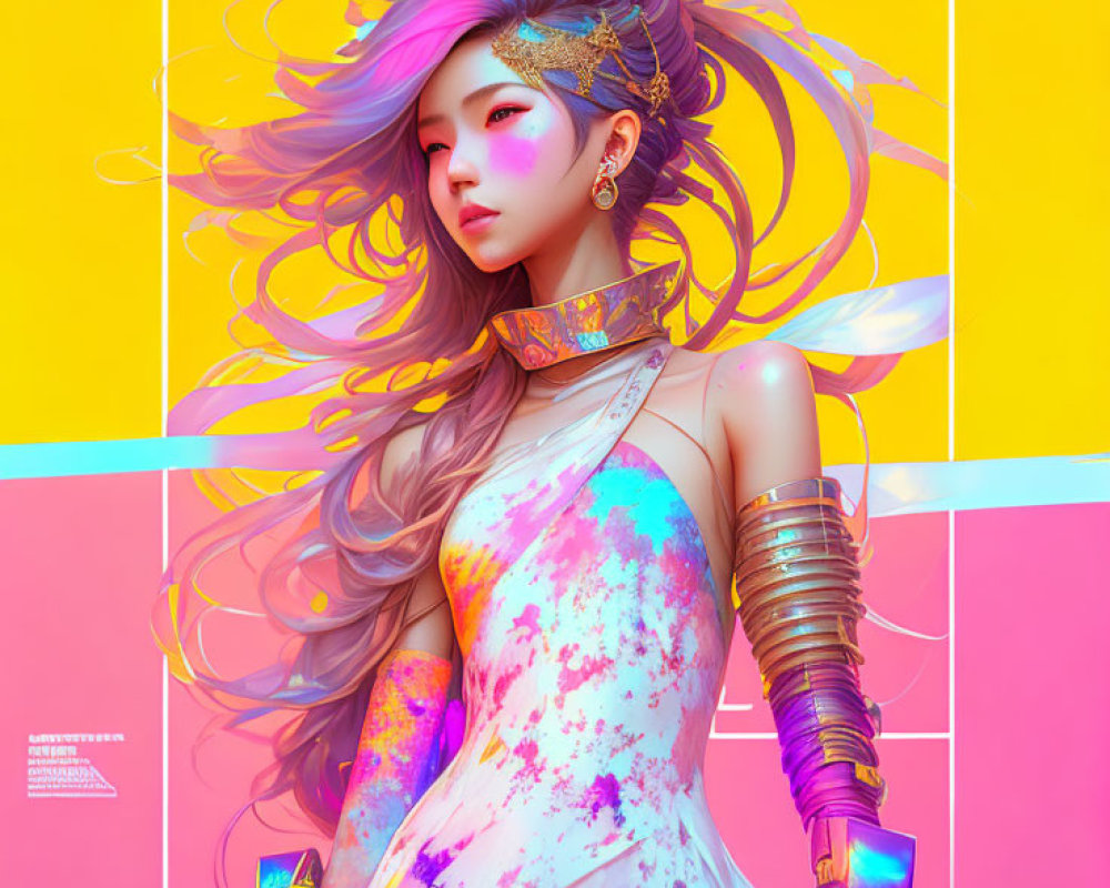 Colorful digital artwork of a woman with flowing hair and futuristic elements on vibrant gradient background