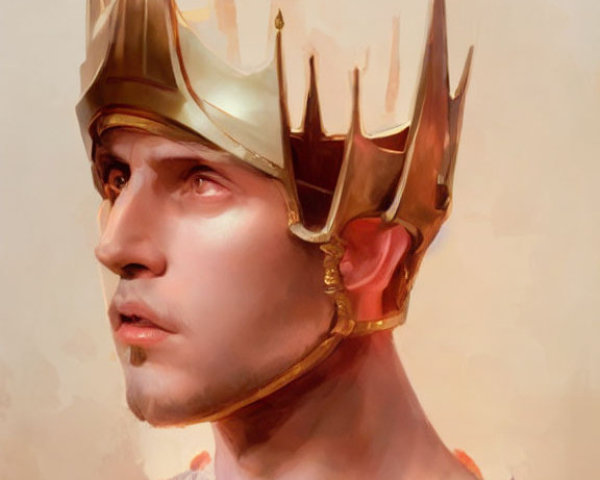 Reflective young man in golden crown, warm color palette