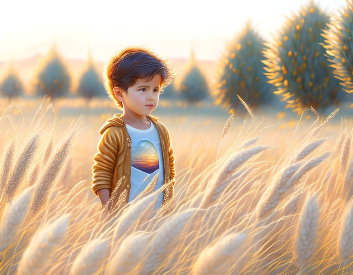 Child in space-themed shirt at sunset in golden field