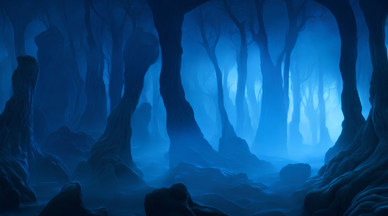Mystical Blue Forest with Twisted Trees and Mist