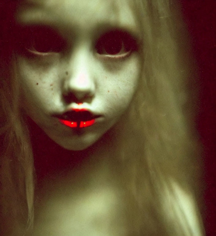 Eerie doll-like figure with red lips and piercing eyes in dark setting