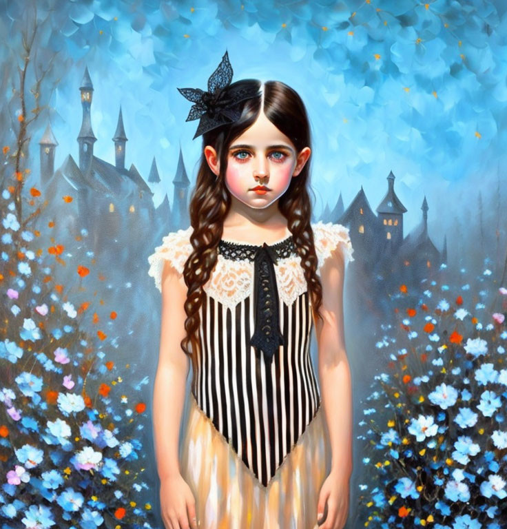 Young girl with dark hair and blue eyes in striped dress with black bow against whimsical castle backdrop