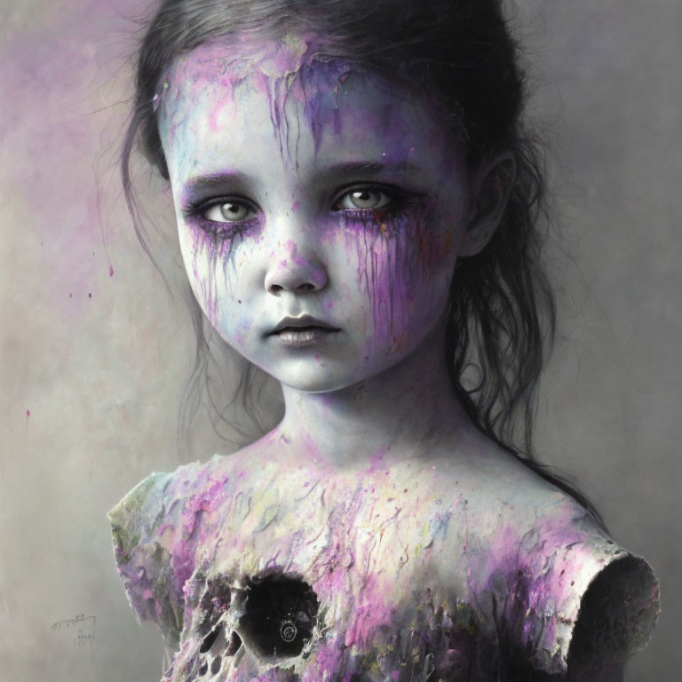 Young Girl Portrait with Haunting Eyes and Paint Splatters in Purple and Pink