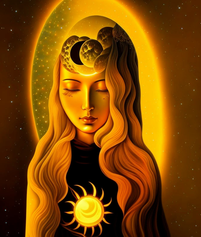 Illustration of woman with celestial symbols and cosmic background