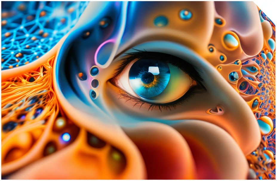 Colorful surreal human eye with abstract shapes and vibrant patterns