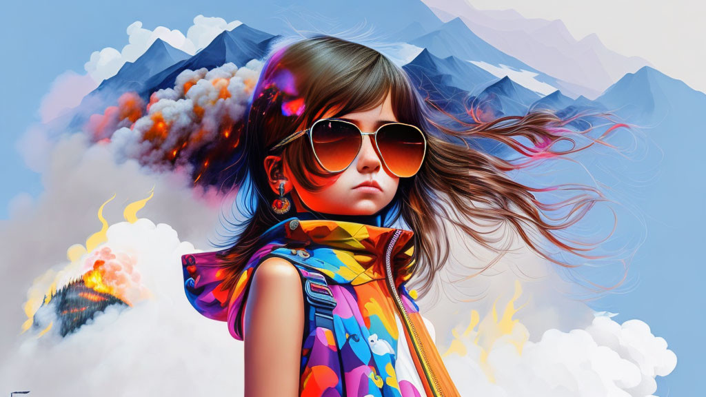 Child with flowing hair and sunglasses in surreal mountain scene