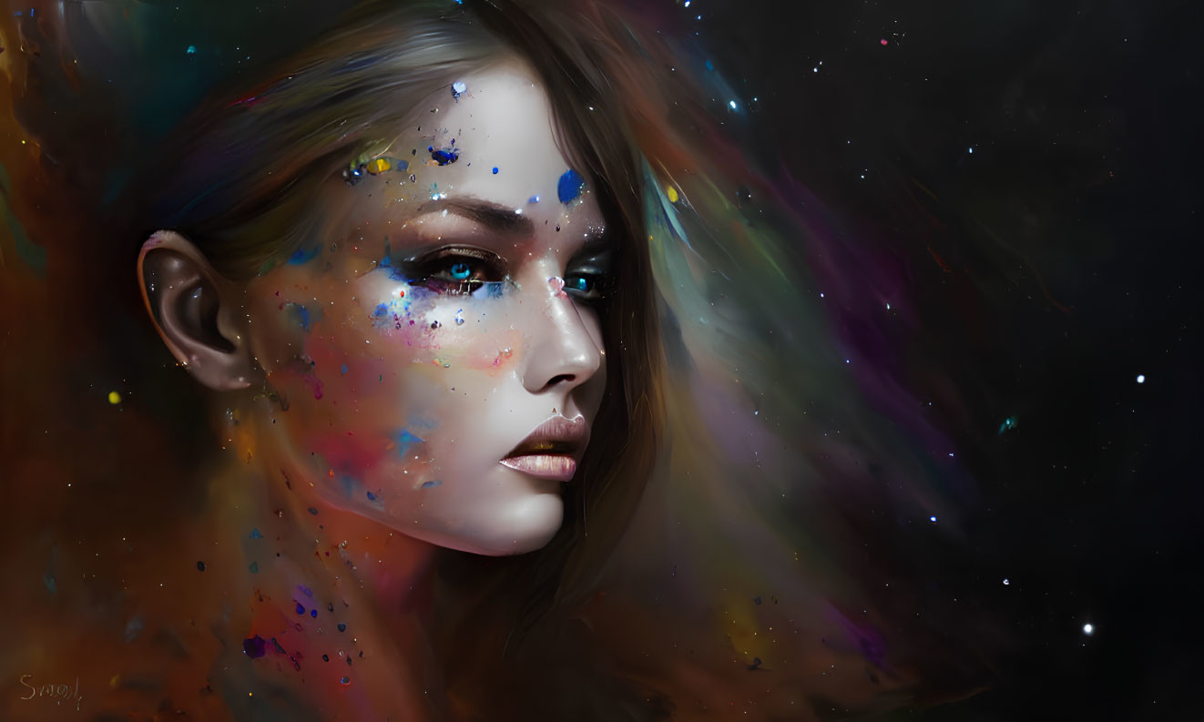 Cosmic-themed makeup digital portrait with starry background.
