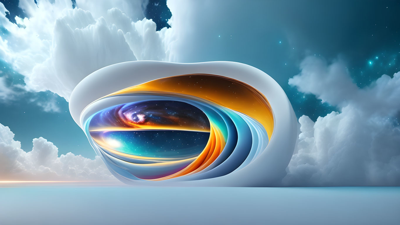 Surreal infinity symbol with cosmic and cloudy elements on blue sky