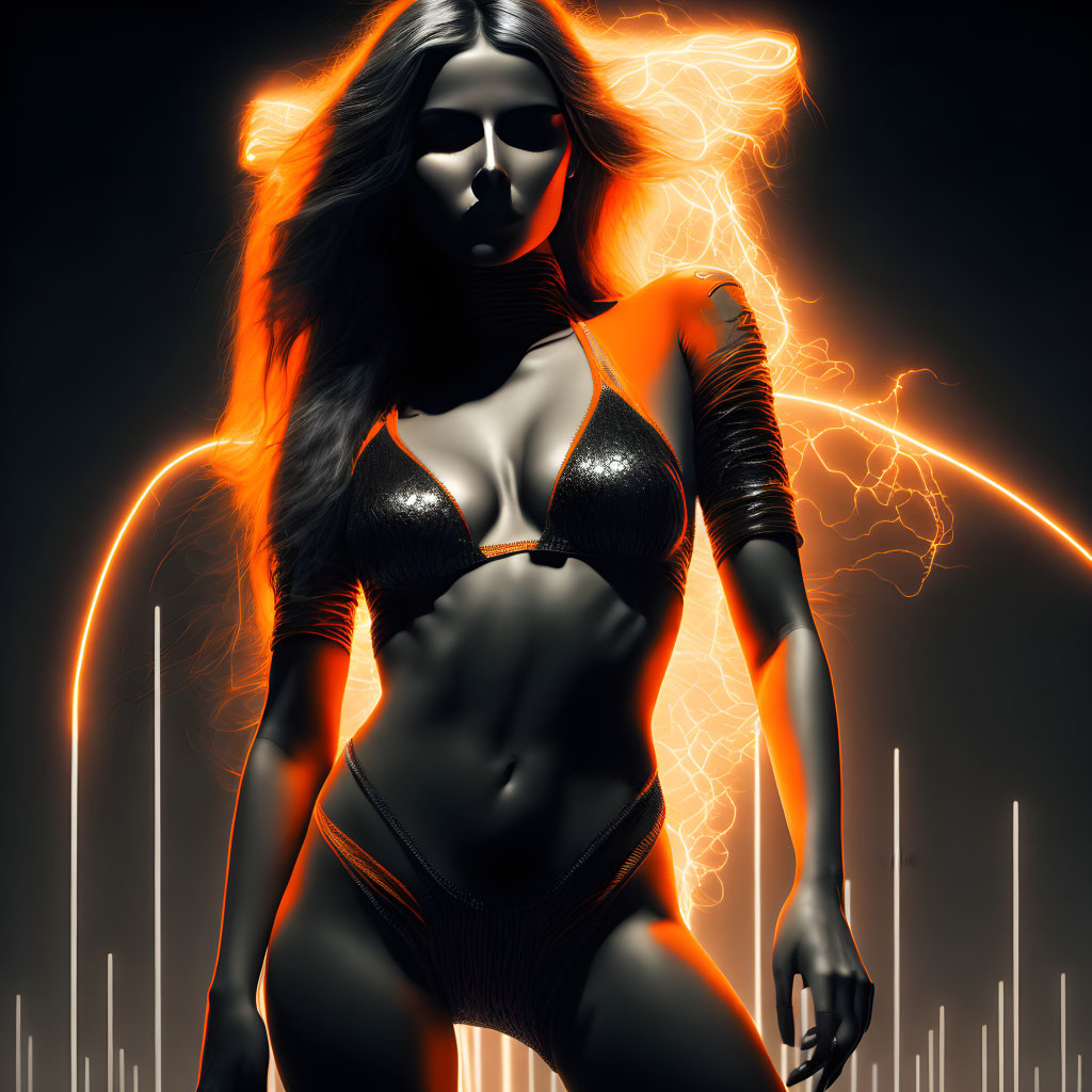 Abstract Artwork: Woman with Glowing Orange Outlines in Electric Setting