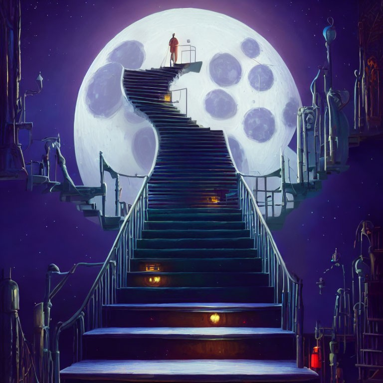 Person on Spiraling Staircase Under Huge Moon and Starry Night Sky