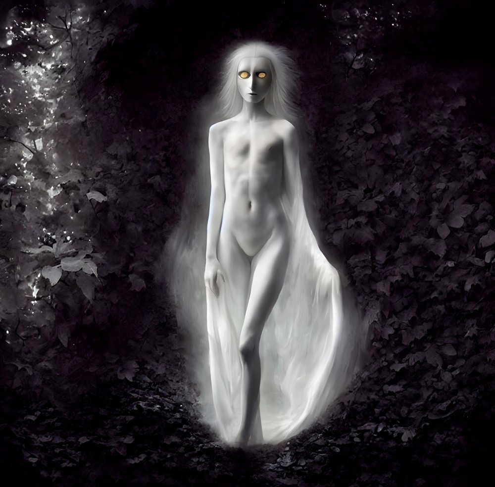 Ethereal figure with glowing eyes in dark forest