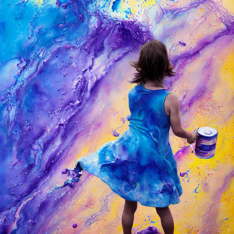Girl in Blue Dress Swirling Paint Can over Abstract Purple and Yellow Background