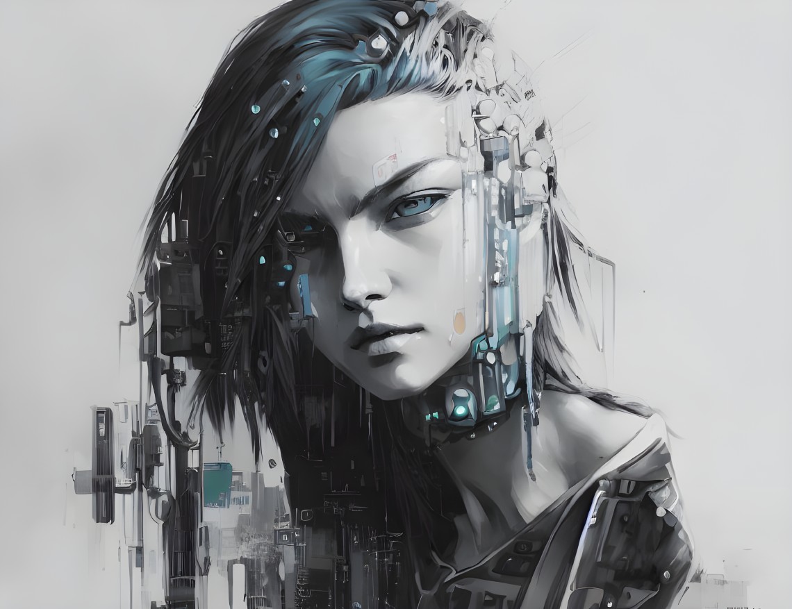 Female cyborg digital art portrait with blue-highlighted dark hair and futuristic headset on monochrome backdrop
