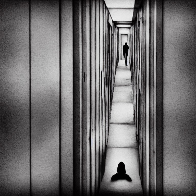 Monochrome photo of person walking in symmetrical corridor