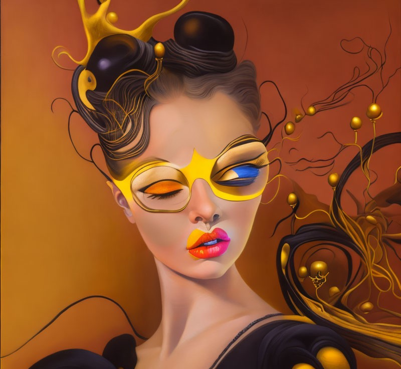 Colorful surreal portrait of a woman with ornate mask and abstract elements