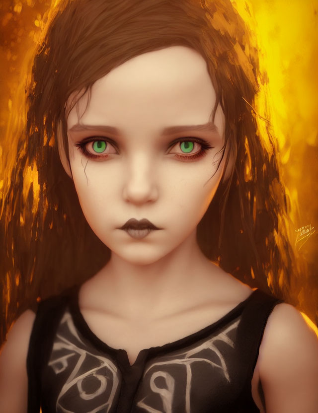 Young girl with green eyes and mystical symbols on fiery backdrop