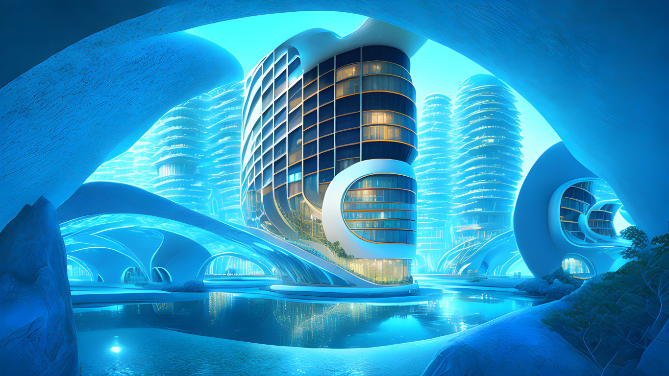 Nighttime futuristic cityscape with illuminated buildings and arching structures in blue glow