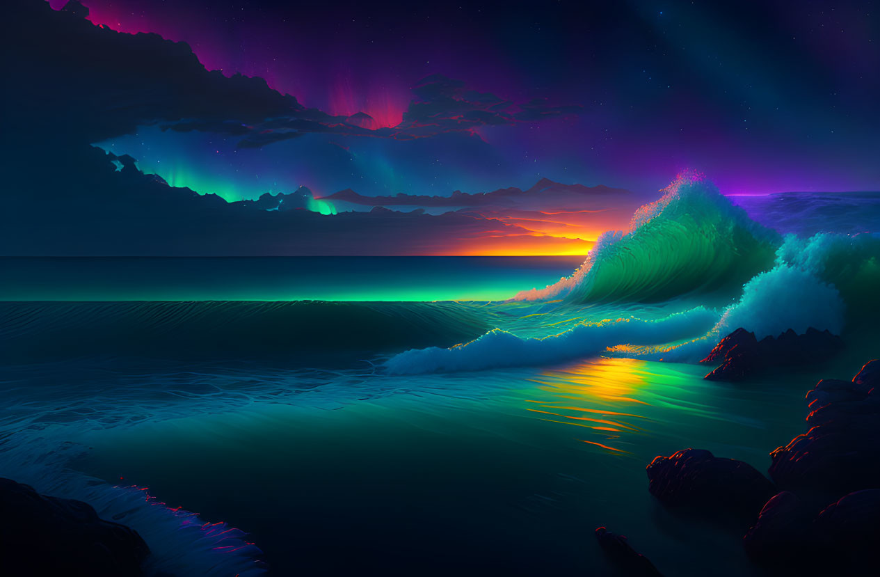 Vibrant ocean wave under luminous aurora at sunset
