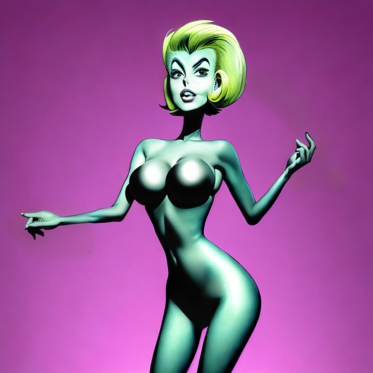 Stylized blonde-haired female character with green skin in pink background pose
