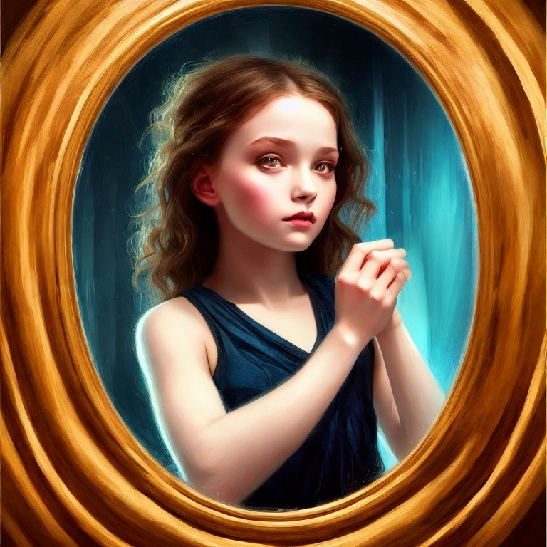 Young girl in blue dress with curly hair in oval frame gazes thoughtfully.