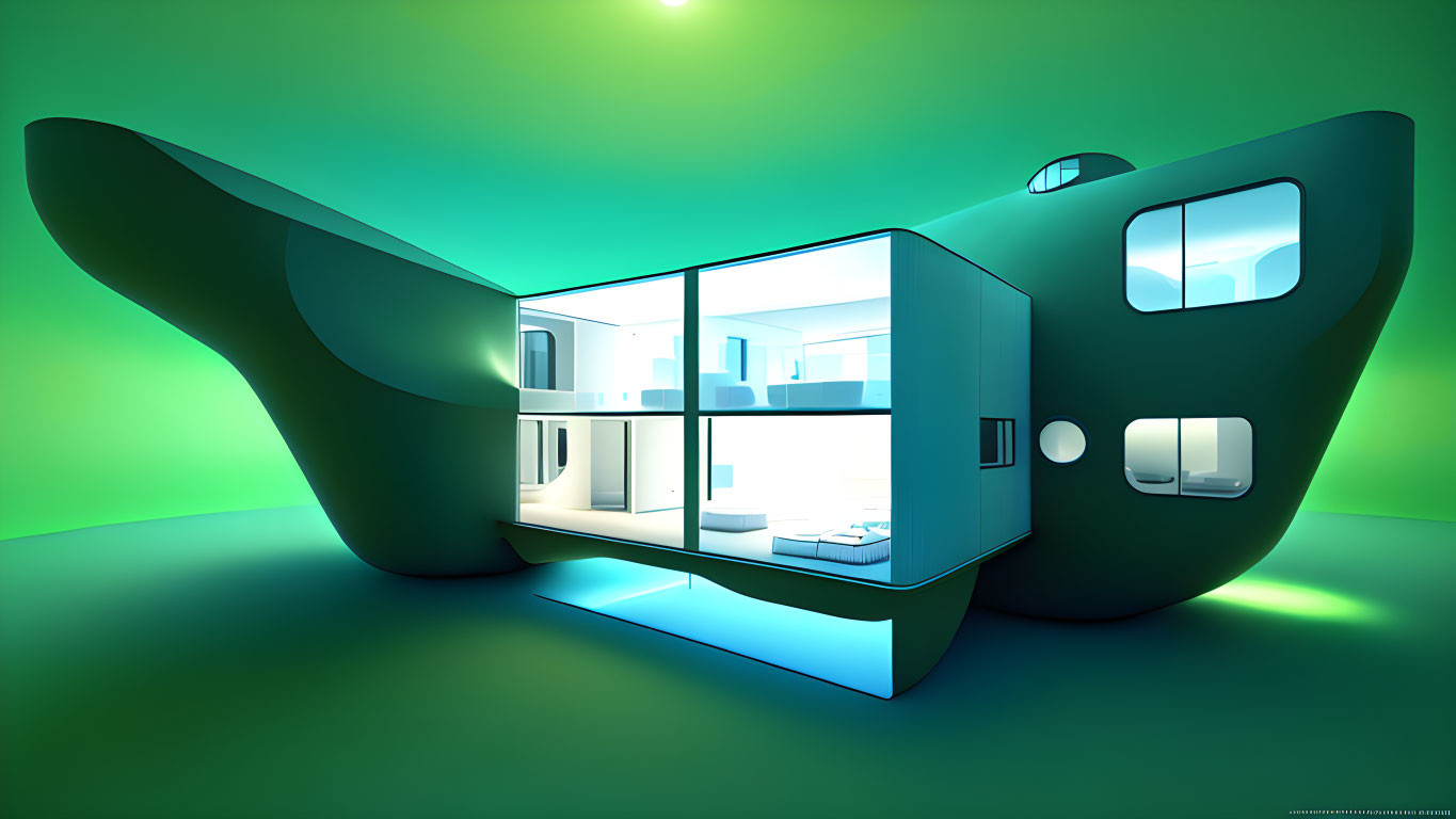 Whale-shaped House with Large Windows in Green-lit Room