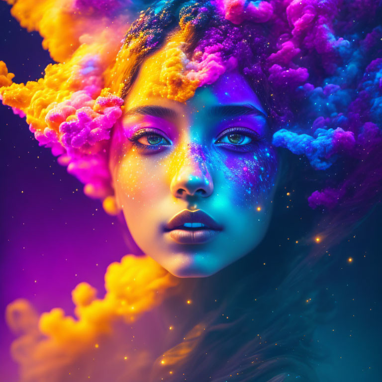 Colorful clouds surround woman in vibrant hues of purple, blue, and yellow